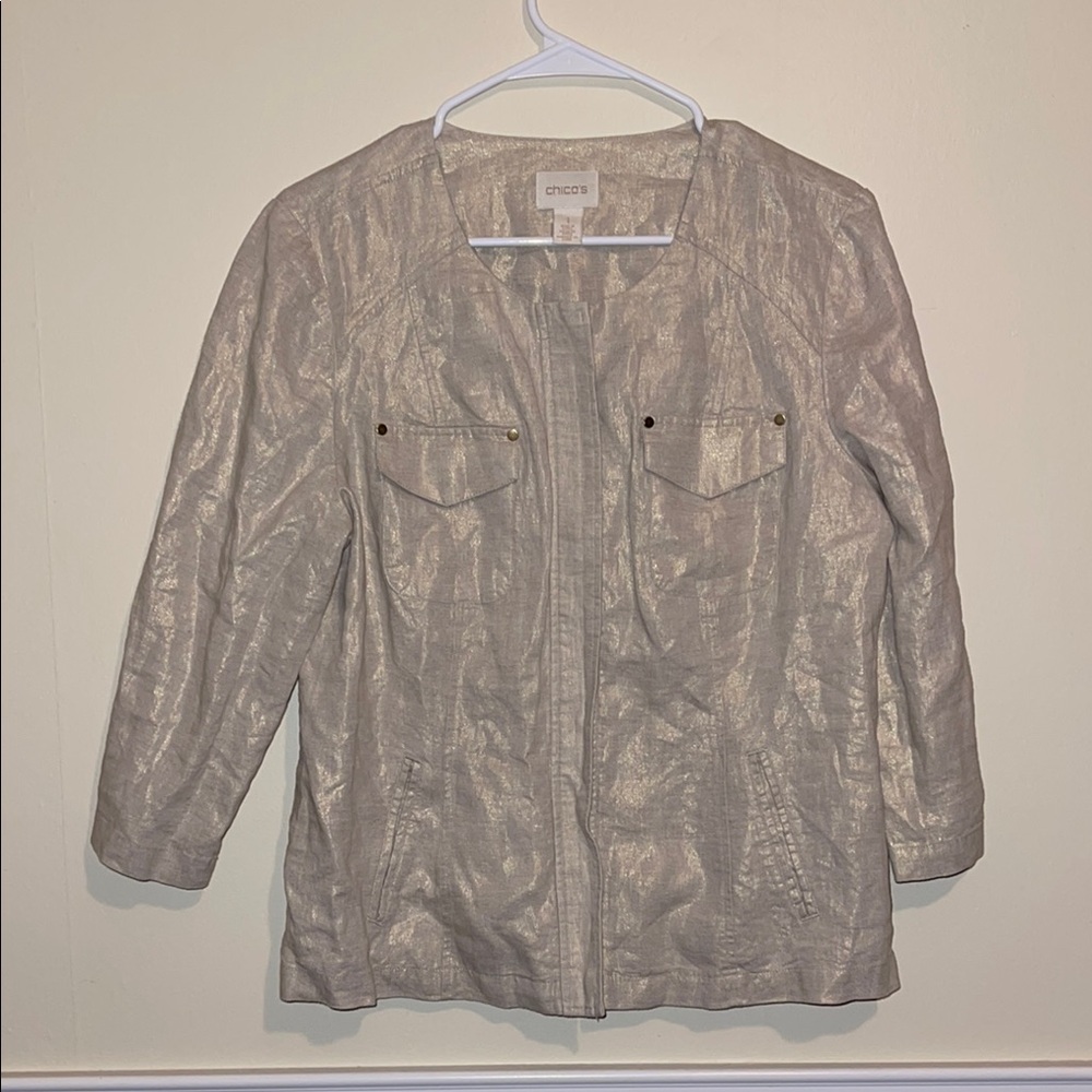 Chico's‎ Foiled Linen Metallic Shine Utility Jacket Light Taupe Flax Sz 3